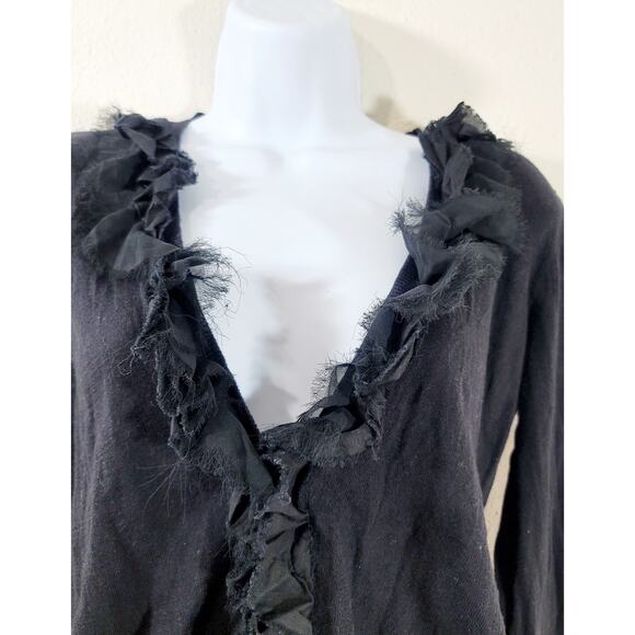 Bisou Bisou Black Cut Material Ruffled Collar Button Up Cardigan Sweater XL Soft - Picture 2 of 7